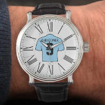 Sky Blue Football Shirt with Roman Numerals. Watch<br><div class="desc">Football fan watch. Football shirt design with a light sky blue shirt. Add name and number of your choice. The watch face has Roman numerals.</div>