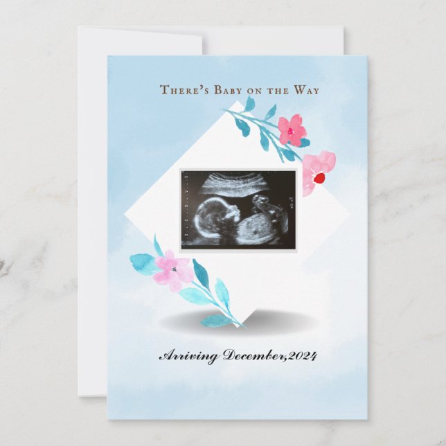 Sky blue & framed Baby ultrasound photo Announcement (Front)