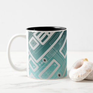 Sky Blue Geometric Circuit Board Two-Tone Coffee Mug