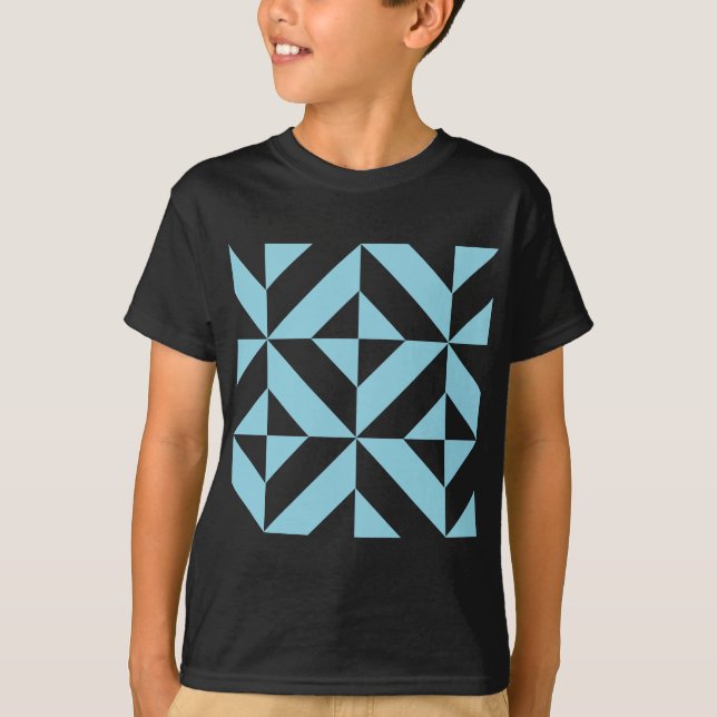 Sky Blue Geometric Deco Cube Pattern T-Shirt (Front)