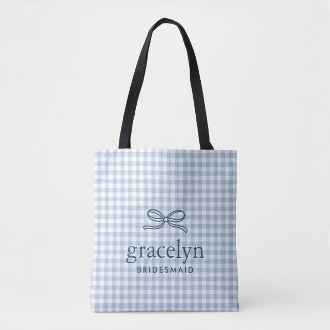 Sky Blue Gingham Bow Monogram Tote Bag (Front)