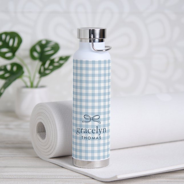 Sky Blue Gingham Bow Monogram Water Bottle (Yoga (Rotated))