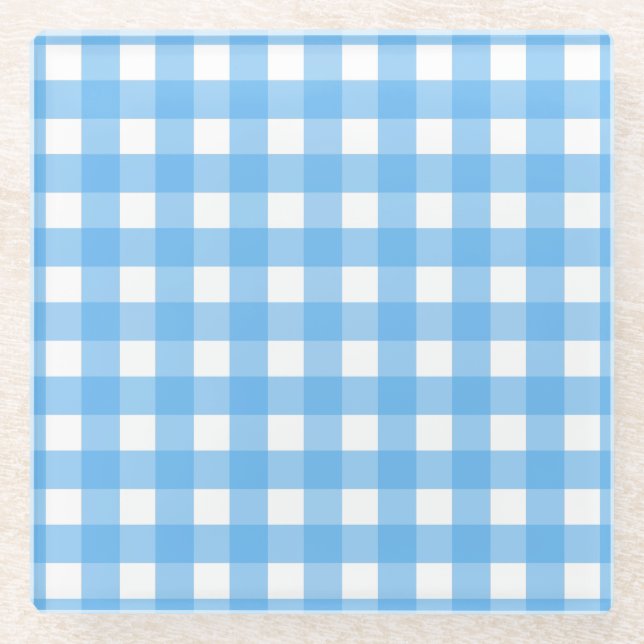 Sky blue gingham glass coaster (Front)