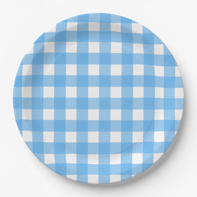 Sky blue gingham paper plate (Front)