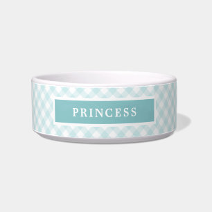 Sky Blue Gingham Plaid Personalised Dog Bowl
