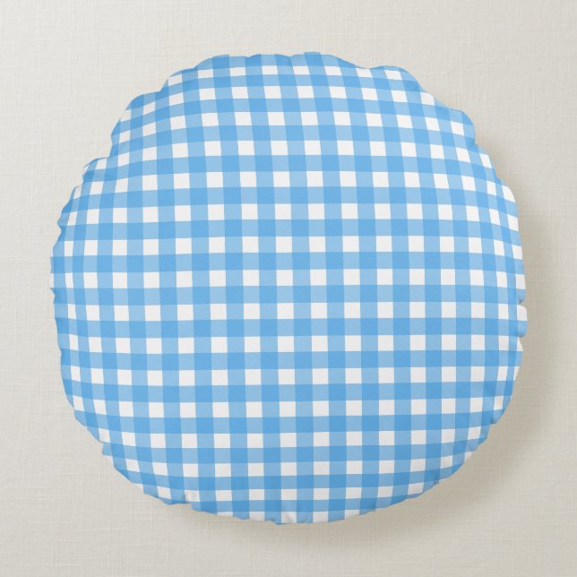 Sky blue gingham round cushion (Front)