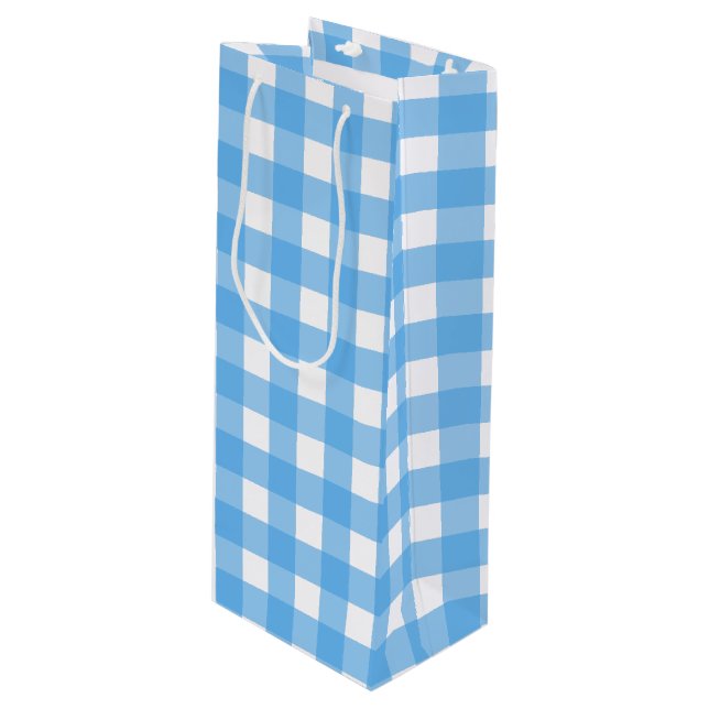 Sky blue gingham wine gift bag (Front Angled)