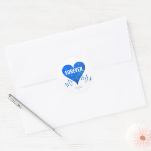 Sky Blue Glitter Heart Mr+Mrs Round Sticker
