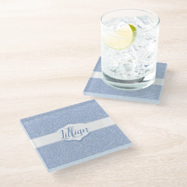 Sky Blue Glitter Monogram Glass Coaster (Angled)