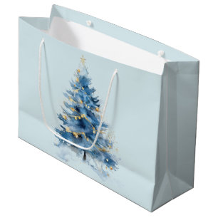 Sky Blue Gold Christmas Trees Large Gift Bag