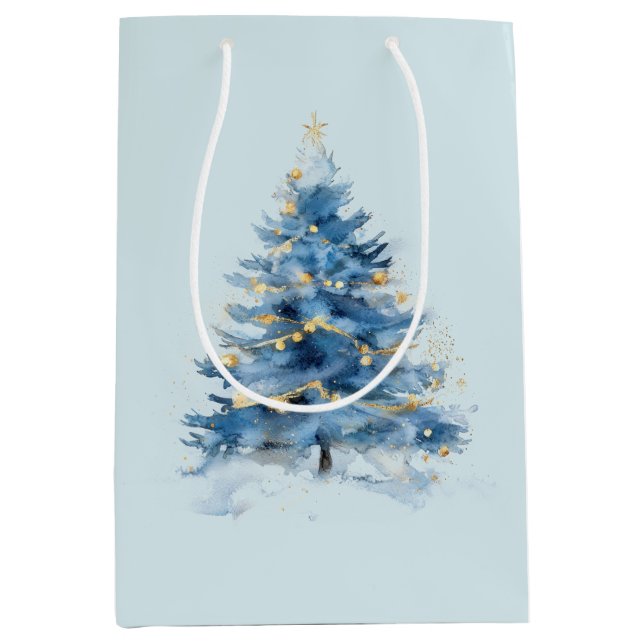 Sky Blue Gold Christmas Trees Medium Gift Bag (Front)