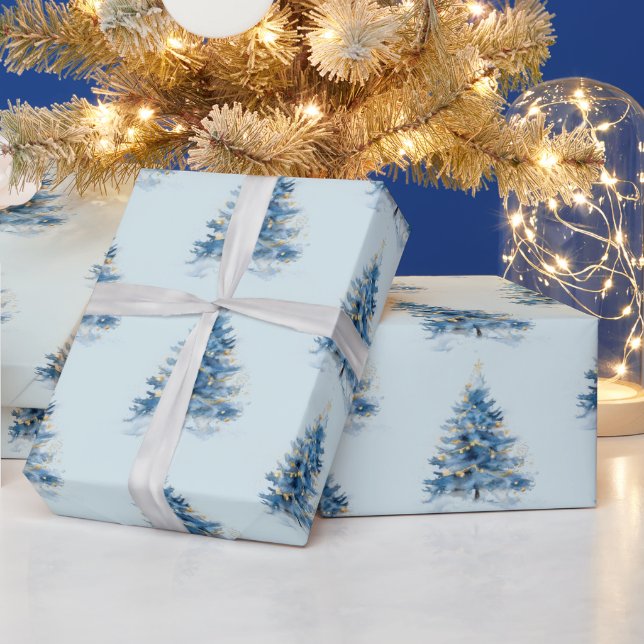 Sky Blue Gold Christmas Trees Wrapping Paper (Holidays)