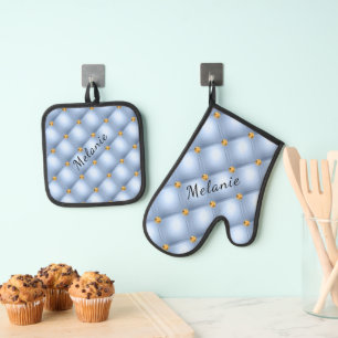 Sky Blue Gold Diamond Tufted Custom Name Oven Mitt & Pot Holder Set