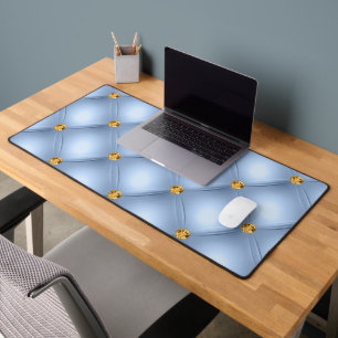 Sky Blue Gold Diamond Tufted Desk Mat