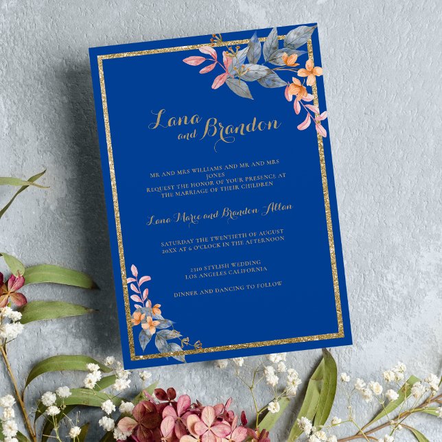 Sky blue gold glitter pink orange floral Wedding  Invitation (Sky blue gold glitter pink orange floral Wedding Invitation)