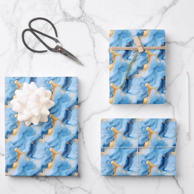Sky Blue & Gold Marble Wrapping Paper Sheet (Front)