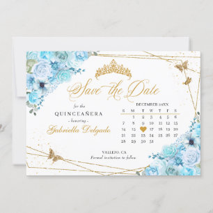 Sky Blue & Gold Quinceañera Save The Date Invitation