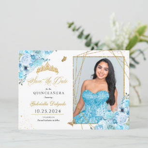 Sky Blue & Gold Quinceañera Save The Date Photo Invitation