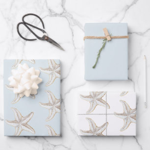 Sky Blue Gold Starfish Beach Bridal Shower Wrapping Paper Sheet