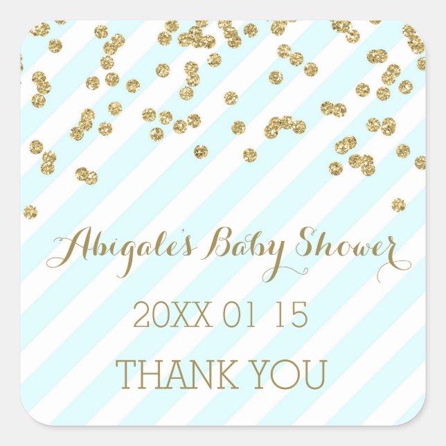 Sky Blue Gold Stripes Baby Shower Favour Sticker (Front)