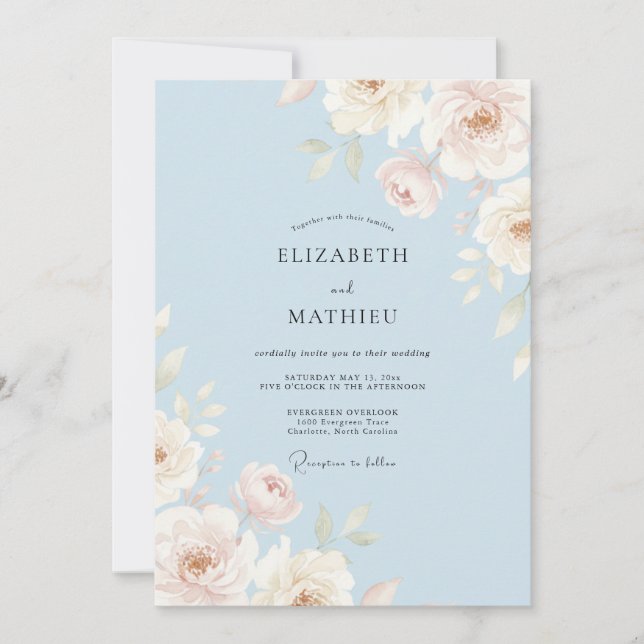 Sky Blue Graceful Watercolor Wedding Invitation (Front)