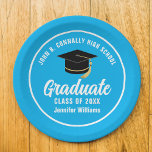Sky Blue Graduate Custom 2024 Graduation Party Paper Plate<br><div class="desc">This modern sky blue and white custom graduation party paper plate features classy typography of your high school or college name for the class of 2024. Customise with your graduating year under the chic handwritten script and black grad cap for great personalised graduate decor.</div>