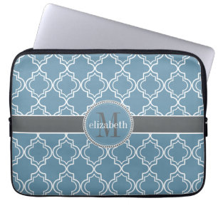 Sky Blue Gray White Moroccan Quatrefoil Monogram Laptop Sleeve