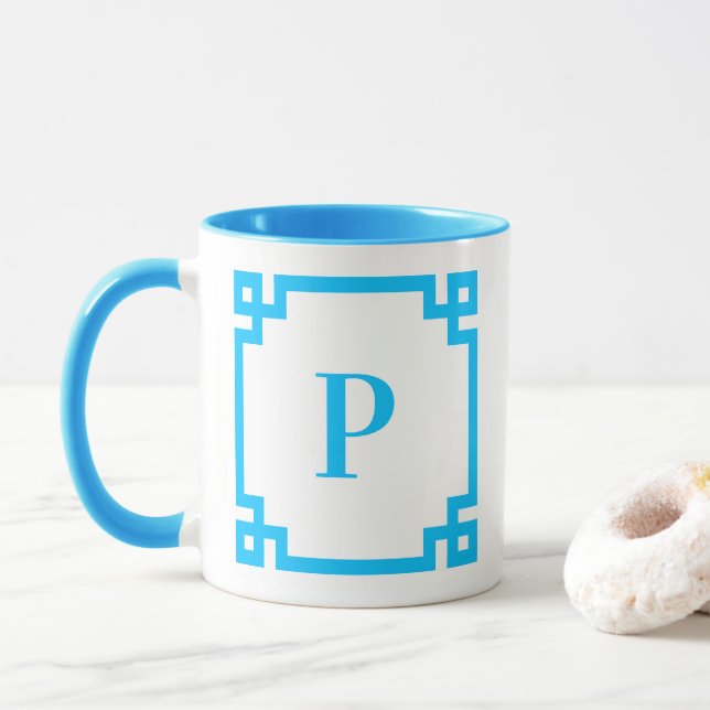 Sky Blue Greek Key Border Monogram Mug (With Donut)