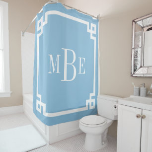Sky Blue Greek Key Border Monogram Shower Curtain