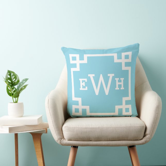 Sky Blue Greek Key Custom Monogram Initials Cushion (Chair)