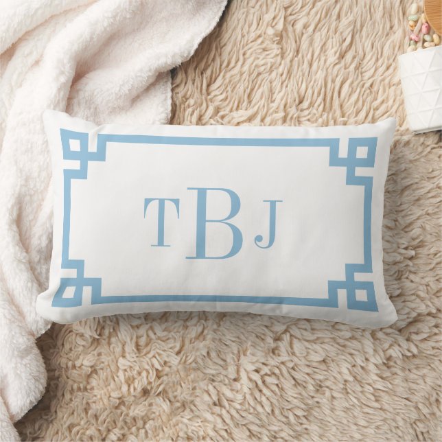 Sky Blue Greek Key Monogram Lumbar Cushion (Blanket)