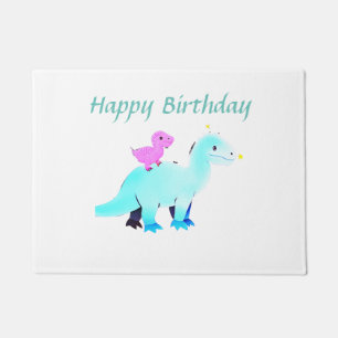 Sky blue green red watercolor dinosaur birthday ad doormat