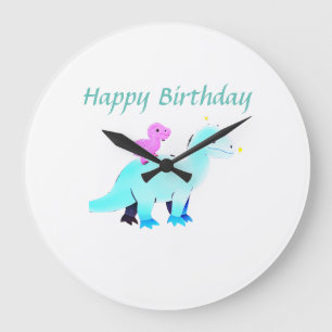Sky blue green red watercolor dinosaur birthday ad large clock