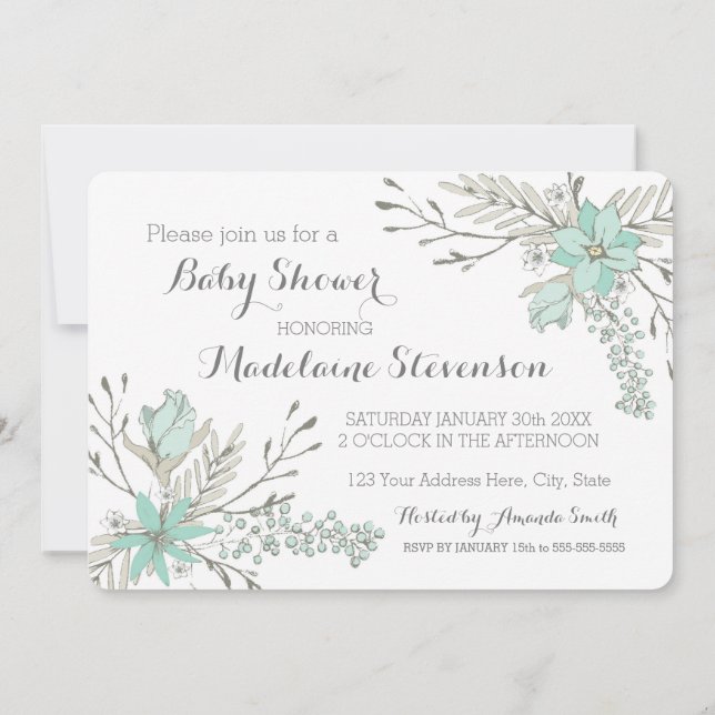 Sky Blue Grey Flowers Baby Shower Invitations (Back)