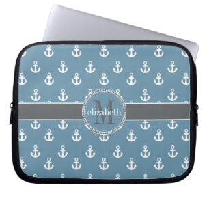 Sky Blue Grey White Ship Anchors Monogram Laptop Sleeve