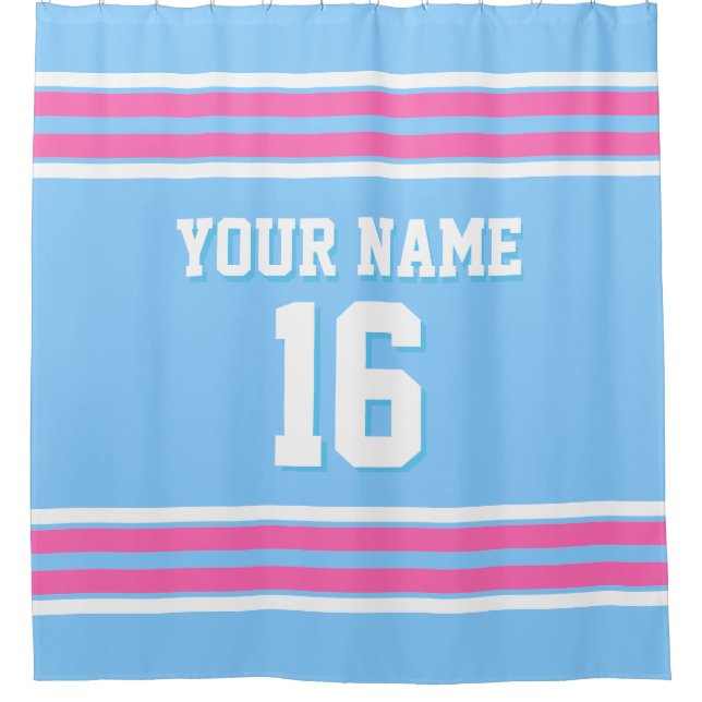 Sky Blue Hot Pink White Stripes Sports Jersey Shower Curtain (Front)