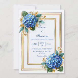 Sky Blue Hydrangea Layered Gold Frame Wedding Invitation