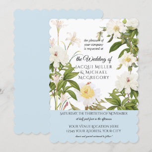 Sky Blue Ivory Rose Peony w Leaf Foliage Wedding Invitation