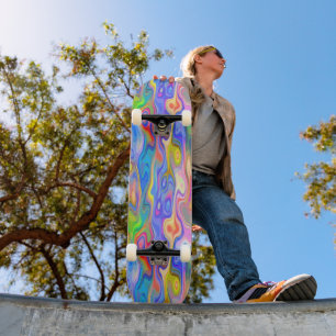 Sky Blue Light Pink Lime Green Purple Wave Art Skateboard