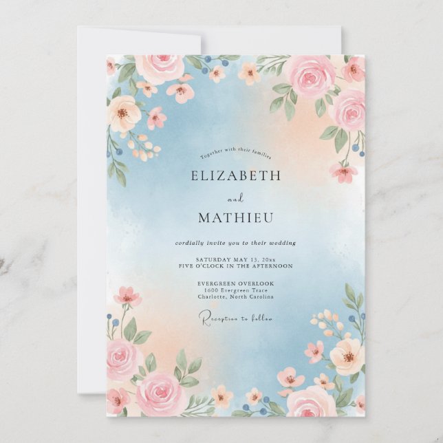 Sky Blue Luminous Rose Wedding Invitation (Front)