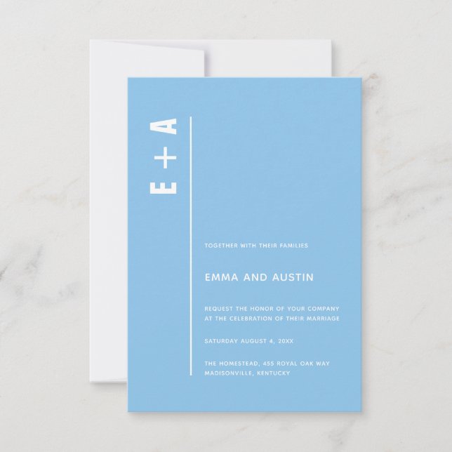 Sky Blue Modern Minimalist Bold Initials Wedding Invitation (Front)
