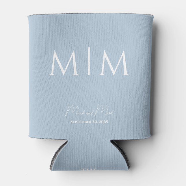Sky Blue Monogram Script Names Wedding Can Cooler (Front)