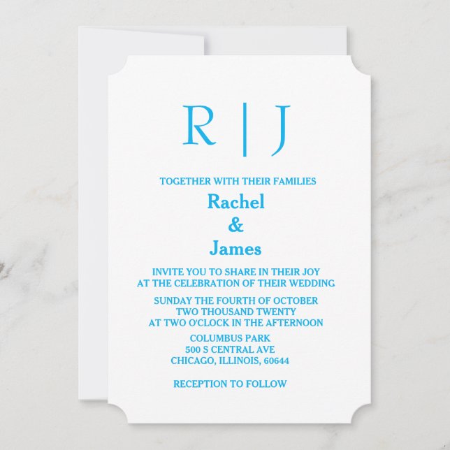 Sky Blue Monograms Minimal Simple Elegant Wedding Invitation (Front)