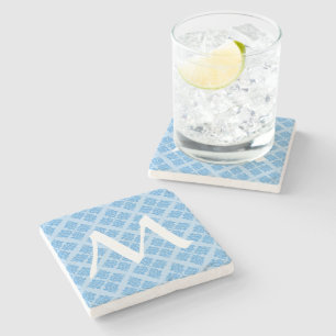 Sky Blue Moroccan Damask with Monogram Stone Coaster