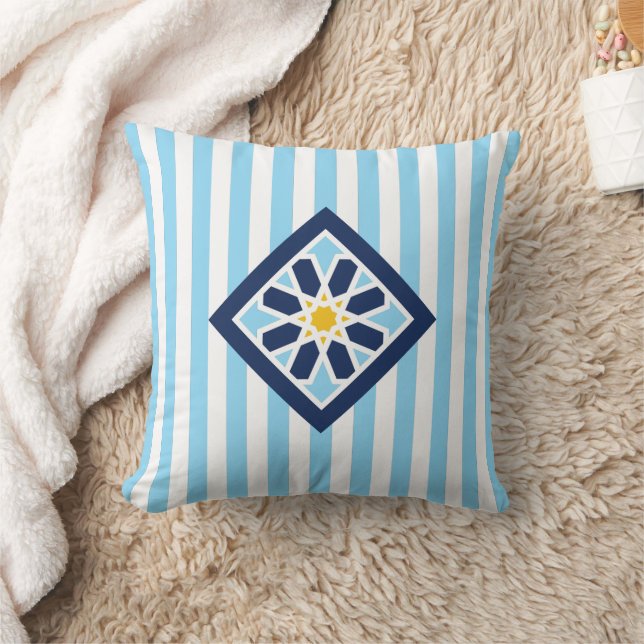 Sky Blue Moroccan Zellige Flower Symbol  Cushion (Blanket)