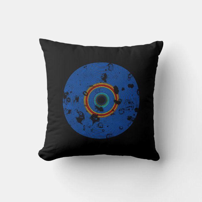 Sky Blue Multicolor Vinyl Disc Texture Pattern Cushion (Front)
