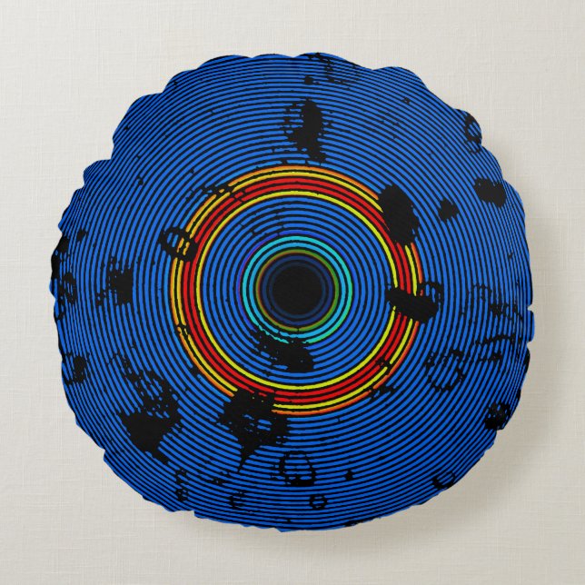 Sky Blue Multicolor Vinyl Disc Texture Pattern Round Cushion (Front)