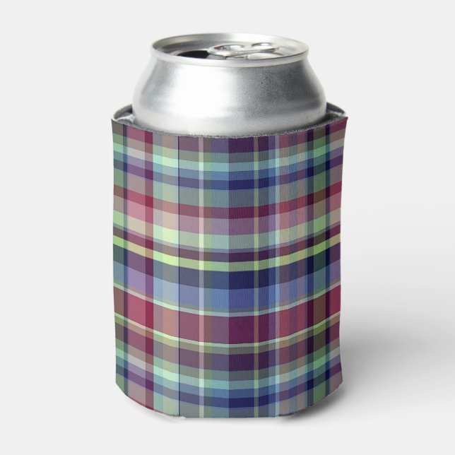 Sky Blue Navy Burgundy Pistach Preppy Madras Plaid Can Cooler (Can Front)