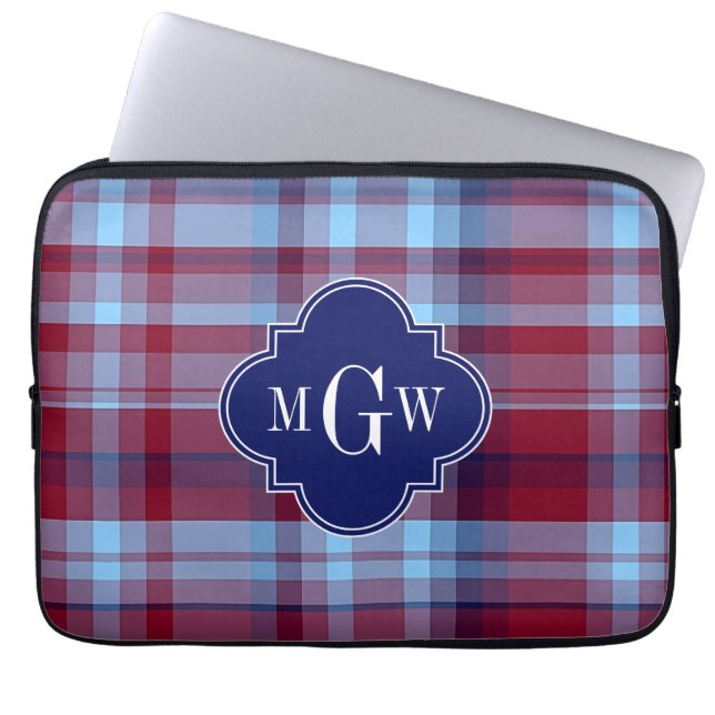 Sky Blue Navy Burgundy Preppy Madras Monogram Laptop Sleeve (Front)
