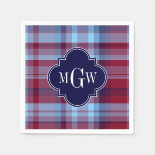Sky Blue Navy Burgundy Preppy Madras Monogram Napkin